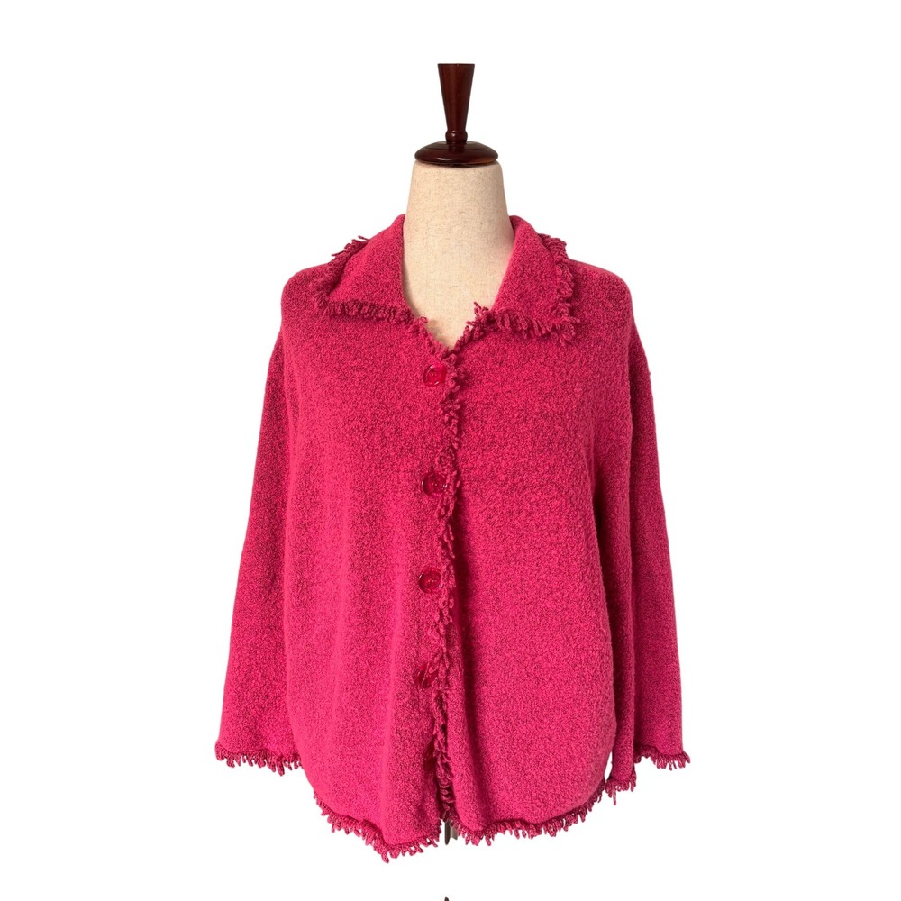 SIGRID OLSEN | Cardigan Sweater Women 3X Pink Boucle Fringe Wool Blend Cozy Knit